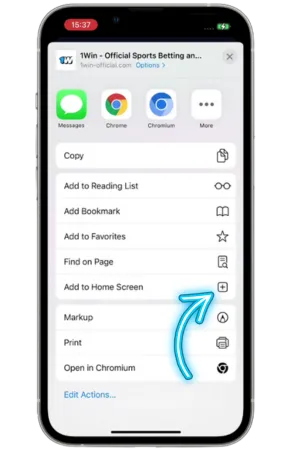 1Win para iPhone paylaş menyusu